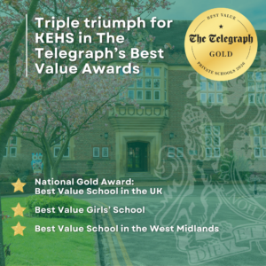 Graphic showing titles KEHS has won in Telegraph's awards: UK title, best girls' school and best West Midlands school
